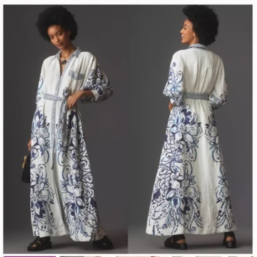 Maeve White Maxi Dress with Navy Floral Print